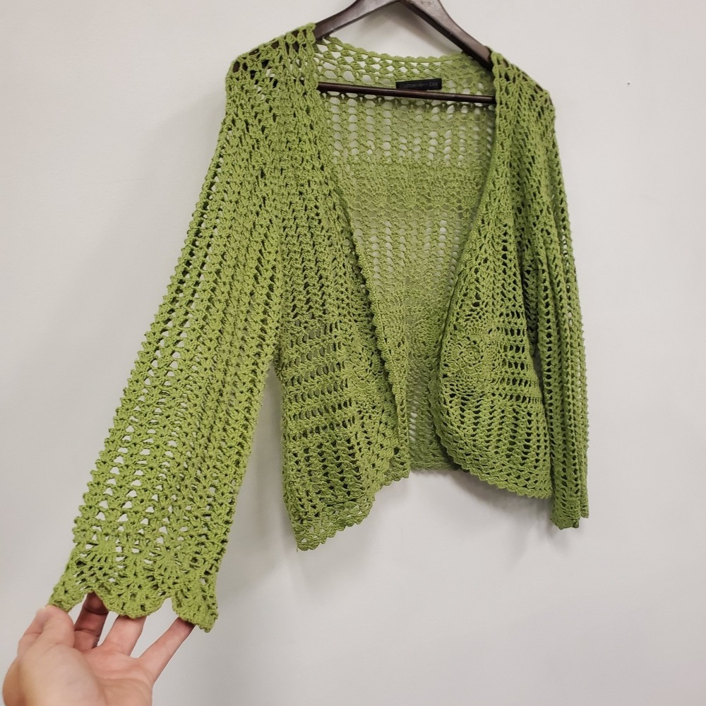 Contemporary Edge Womens Open Crochet Cardigan Size L Green Boho Hippie Festival